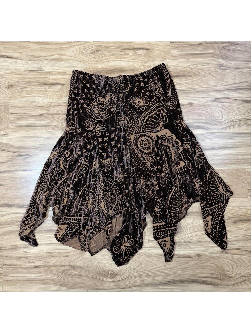 Burnout Velvet Handkerchief Hem Skirt Brown Paisley Whimsigoth Fairycore
